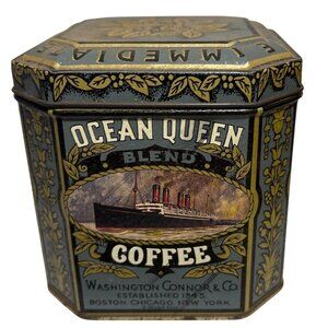 Ocean Queen Coffee Tin Octagonal Washington Connor Farmhouse 4 x 4"